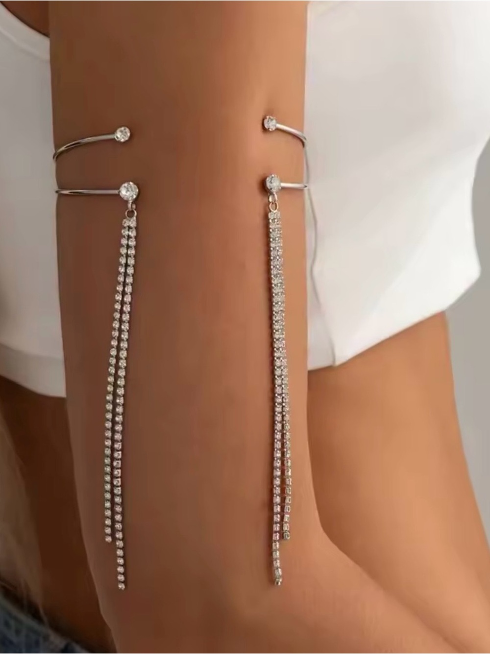 Silver Crystal Dangle Arm Cuff - Silver Rhinestone Fringe